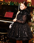 Rochie neagra eleganta din dantela cu paiete si fulgi naturali pentru fete - 7 ani - LIVRARE 24H