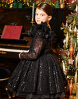 Rochie neagra eleganta din dantela cu paiete si fulgi naturali pentru fete - 7 ani - LIVRARE 24H
