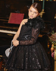 Rochie neagra eleganta din dantela cu paiete si fulgi naturali pentru fete - 7 ani - LIVRARE 24H