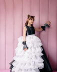 Rochie neagra lunga eleganta cu volane albe pentru fete - 9-10 ani