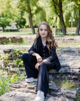 Compleu negru din in sacou, vesta si pantaloni evazați pentru fete - Emma