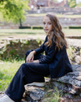 Compleu negru din in sacou, vesta si pantaloni evazați pentru fete - Emma