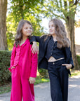 Compleu negru din in sacou, vesta si pantaloni evazați pentru fete - Emma