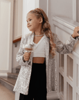 Compleu din paiete pentru fete, sacou si pantalon evazat din stofa neagra - Andia