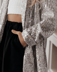 Compleu din paiete pentru fete, sacou si pantalon evazat din stofa neagra - Andia