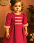 Rochie roz vintage din stofa tweed si volane pentru fete - Leila