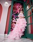 Rochie Lunga Roz Eleganta fete, cu volane, trena si perle  - Bella