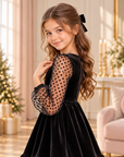 Rochie neagră elegantă din catifea cu mâneci lungi din tulle cu buline pentru fete - Ada