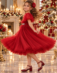 Rochie roșie elegantă din tulle cu fulgi în talie, broșă cu cristale și mâneci bufante pentru fete - Aisha