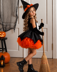Rochie Halloween neagra cu volane din tul portocaliu pentru fete + palarie - Alice