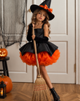 Rochie Halloween neagra cu volane din tul portocaliu pentru fete + palarie - Alice