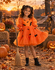 Rochie Halloween portocalie din tul cu lilieci pentru fete – Boo