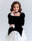 Ținute asortate pentru fată și băiat, rochie cu dantelă și costum din catifea - Diamant