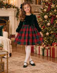 Rochie de Crăciun cu bust din catifea verde, mâneci bufante și fustă în carouri tartan pentru fete - Ivy
