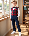 Costum elegant 4 piese cu vestă în carouri roșu-bleumarin, pantalon bleumarin, cămașă albă și papion pentru băieți - Theo