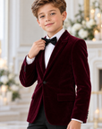 Costum elegant pentru băieți cu sacou din catifea verde, pantalon negru, cămașă albă și papion - Edward