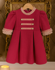 Rochie roz vintage din stofa tweed si volane pentru fete - Leila