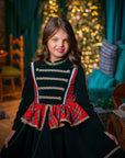 Rochie stofa rosie in carouri si catifea verde pentru fete - Malvina