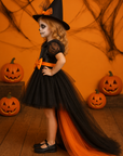 Rochie Halloween de vrăjitoare cu trena din tul negru si mov + pălărie pentru fete – Ember