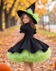 Rochie Halloween neagra cu tul verde + pălărie pentru fete – Freya