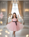 Rochie roz eleganta cu fundite din tulle cu perle pentru fete - Carolina