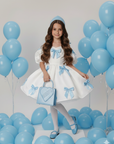 Rochie alba eleganta din tafta cu fundite bleu pentru fete - Berta