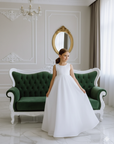 Rochie alba lunga eleganta pentru fete, din organza alba si perle - Tina