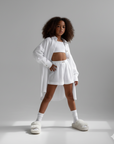 Compleu roz din muselina cu pantaloni scurti si camasa oversize pentru fete - Defne