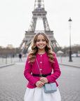Compleu elegant fuchsia pentru fetițe, jachetă din tweed și fustă albă - Sierra