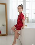 Pijama rosie de vara model clasic din satin, pentru fete