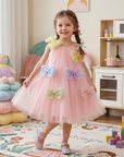 Rochie roz din tulle glitter cu fundite colorate pentru fete - Moon