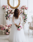 Rochie alba lunga eleganta pentru fete, din tulle alb cu perle - Saraia