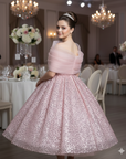 Rochie roz eleganta din dantela cu perle si paiete pentru fete - Iris