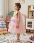 Rochie roz din tulle glitter cu fundite colorate pentru fete - Moon