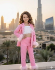 Compleu roz elegant pantaloni si sacou accesorizat cu blanita naturala pentru fete - Belinda