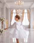 Rochie alba eleganta fete, din dantela cu perle, paiete si tafta - Esther