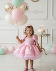 Rochie roz eleganta pentru fete, din dantela brodata cu perle si paiete - Edith