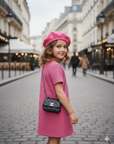 Rochie casual roz din stofă tweed pentru fete - Fathia