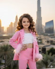Compleu roz elegant pantaloni si sacou accesorizat cu blanita naturala pentru fete - Belinda