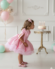 Rochie roz eleganta pentru fete, din dantela brodata cu perle si paiete - Edith