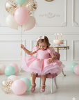 Rochie roz eleganta pentru fete, din dantela brodata cu perle si paiete - Edith