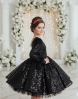 Rochie neagră elegantă din dantelă cu perle și paiete pentru fetițe - Sierra