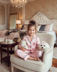 Pijama roz model clasic din satin pentru fete - Personalizare Broderie
