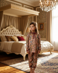 Pijama eleganta cu imprimeu floral si banda din catifea pentru fete - Personalizare Broderie