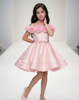 Rochie eleganta din tafta roz si flori handmade din tulle pentru fete - Mia
