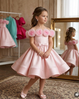 Rochie eleganta din tafta roz si flori handmade din tulle pentru fete - Mia