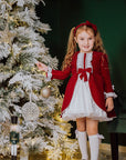 Rochie rosie vintage pentru fete, din catifea rosie si dantela alba - Zina