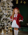 Rochie rosie vintage pentru fete, din catifea rosie si dantela alba - Zina