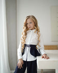 Compleu casual bleumarin, pantalon evazat, camasa alba si brau cu volan pentru fete - Pixie