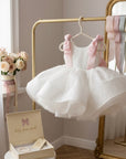 Rochie alba eleganta din tull glitter si fundite roz pentru fete - Moon